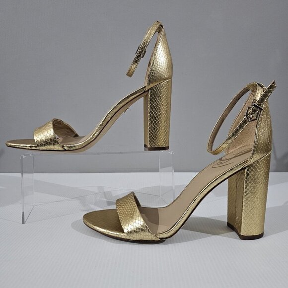 Sam Edelman Yaro Block Heel Sandal Gold Snake Embossed Vegan Leather Size 11 - Picture 2 of 16